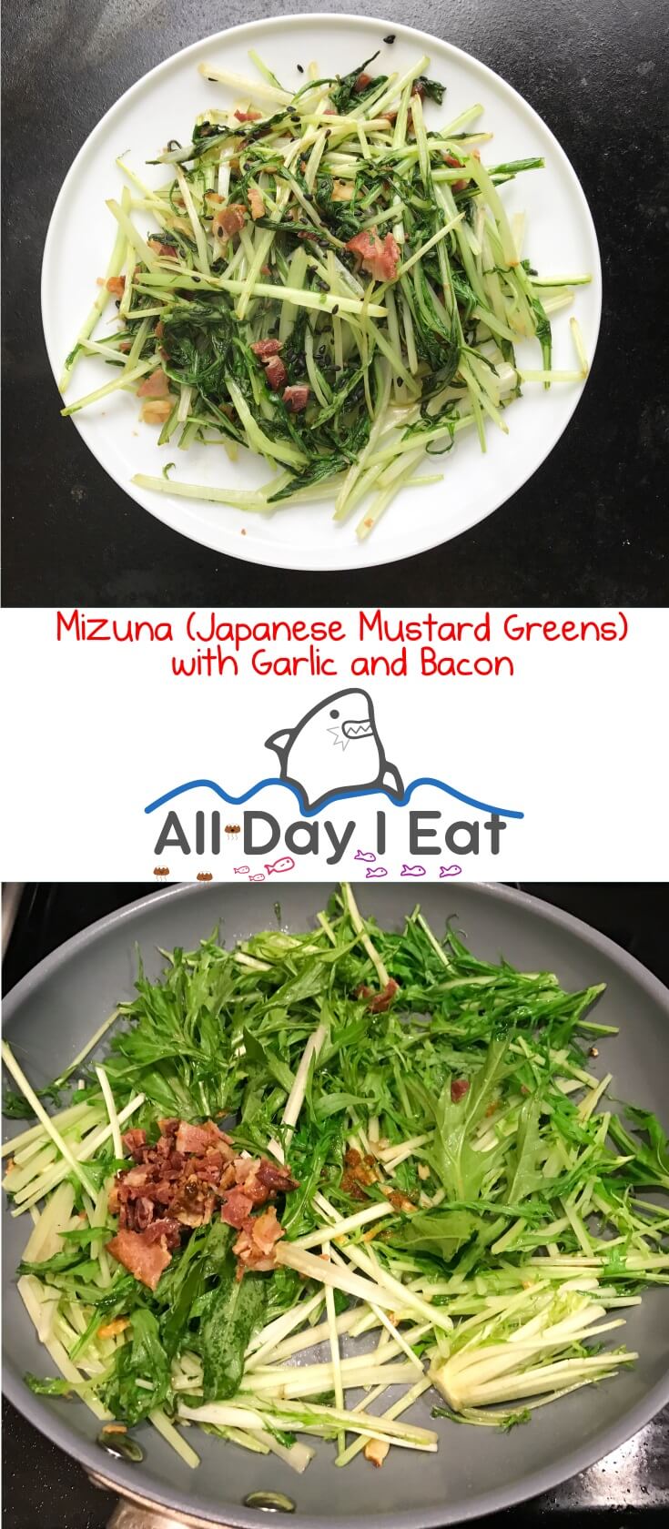Mizuna (Japanese Mustard Greens) with Garlic and Bacon. A tasty way to get some more vegetables into your diet. | www.alldayieat.com