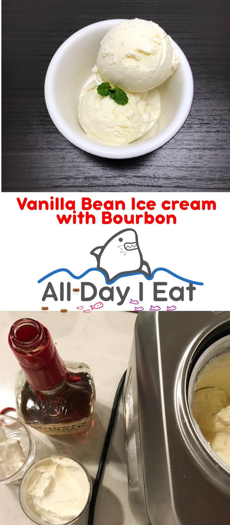 Vanilla Bean Ice cream with Bourbon. A sophisticated ice cream for adults, a rich and deep vanilla flavor is complemented with a splash of bourbon. | www.alldayieat.com