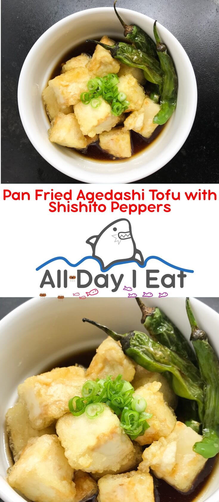 Pan Fried Agedashi Tofu with Shishito Peppers in a Dashi Broth. Warm tofu with a crispy skin and soft interior that melts in your mouth!! | www.alldayieat.com