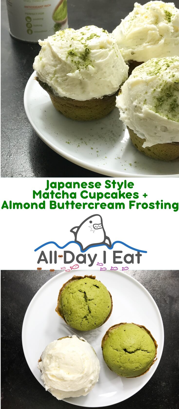Japanese Style Matcha Cupcakes with Almond Buttercream Frosting. Increase your tea intake and enjoy the taste of these light, fluffy green cupcakes that are perfectly topped with aromatic almond frosting | www.alldayieat.com