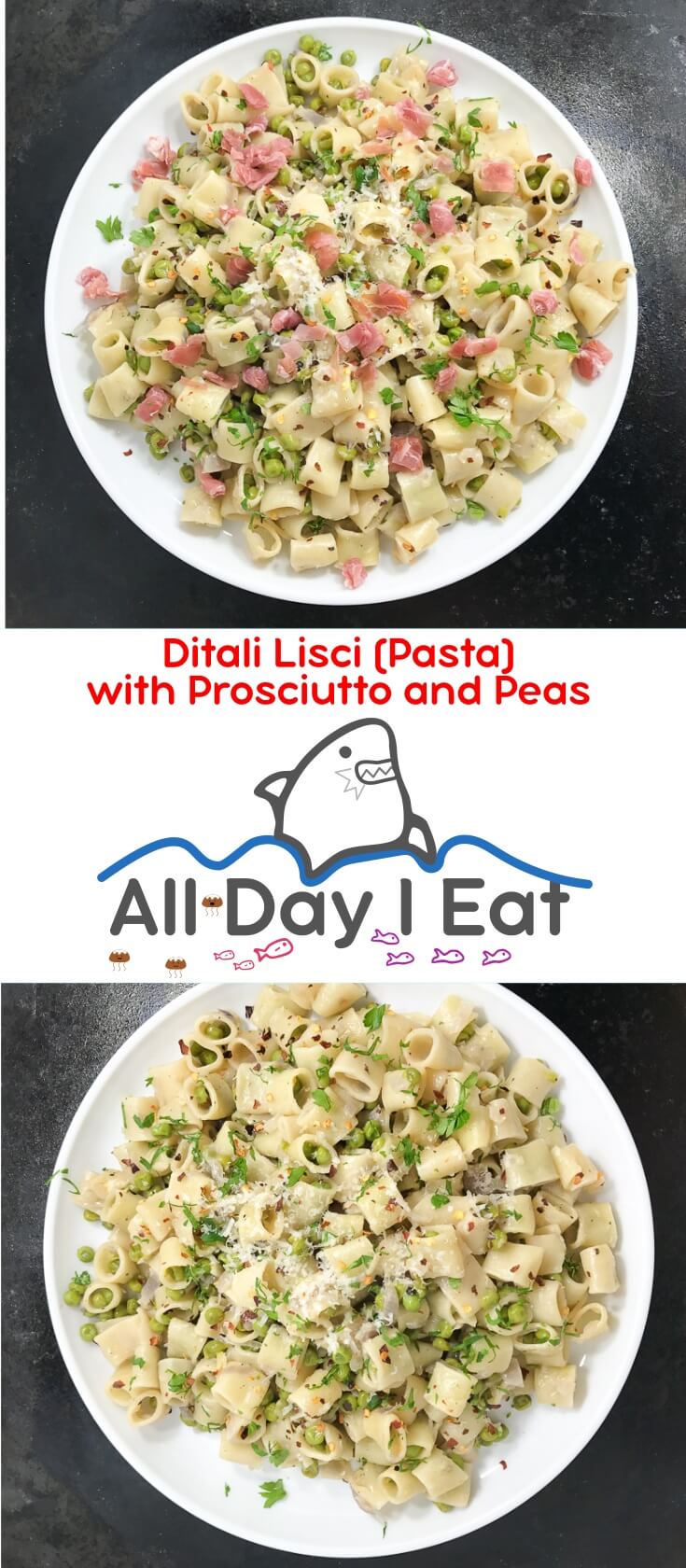 Ditali Lisci (Pasta) with Prosciutto and Peas is a delicious one pot meal made with trio of best friends: peas, prosciutto, and pasta. The peas bring a little bit of protein and fiber that offsets the carbohydrates from the pasta. And the prosciutto adds a nice sharp savory flavor, which is enhanced with additional cheese, red pepper, and parsley. Mmm mmm mmm!