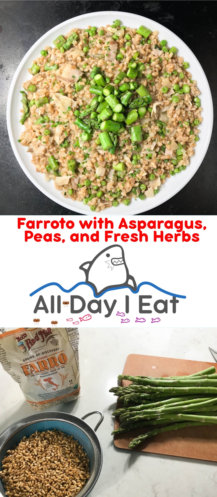 Farroto with asparagus, peas, and fresh herbs is the perfect weeknight meal for those who love the little grain called farro. The earthy nutty flavor of farro is complemented by blanched, slightly crunchy green asparagus, green peas, and prosciutto. This is definitely one of my favorite farro recipes! | www.alldayieat.com