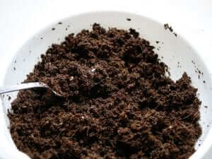 A bowl of soil with a spoon in it.