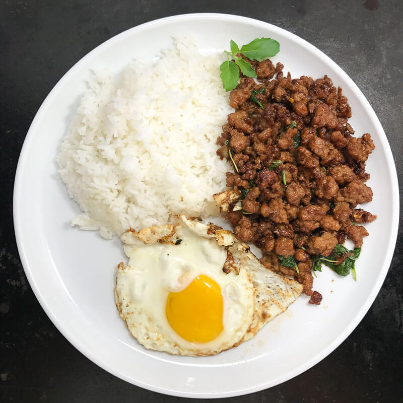 Pad Kra Pao Moo (Stir Fried Pork with Thai Holy Basil) top view