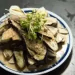 A plate of eggplant with a sauce on it.