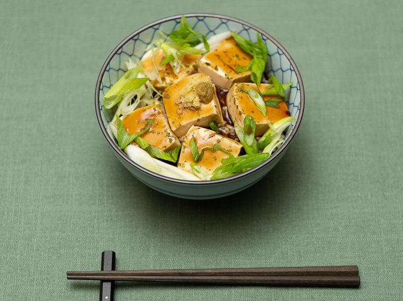 tofu donburi with dashi ankake sauce and green onions