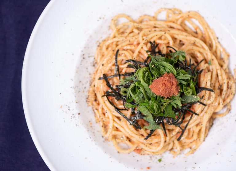 Creamy Mentaiko Spaghetti with cream, butter and soy sauce overhead