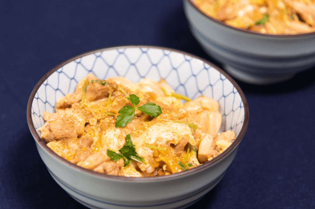 Oyakodon with dashi angle view