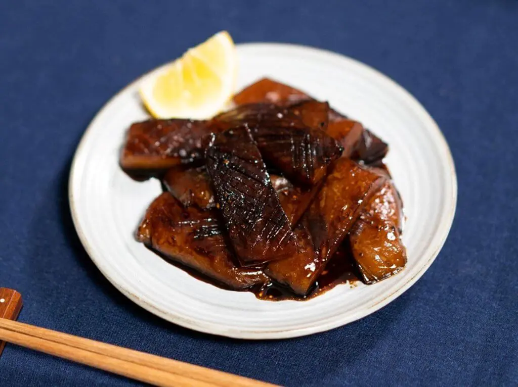 Konnyaku sashimi with butter soy sauce plated