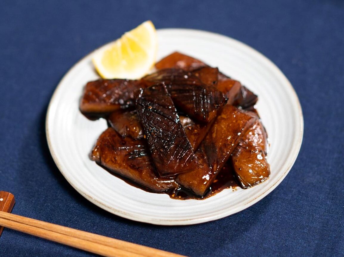 Konnyaku sashimi with butter soy sauce plated