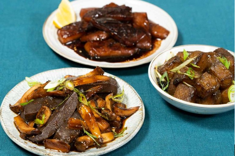 Konnyaku with King mushroom and sweet savory soy sauce plated