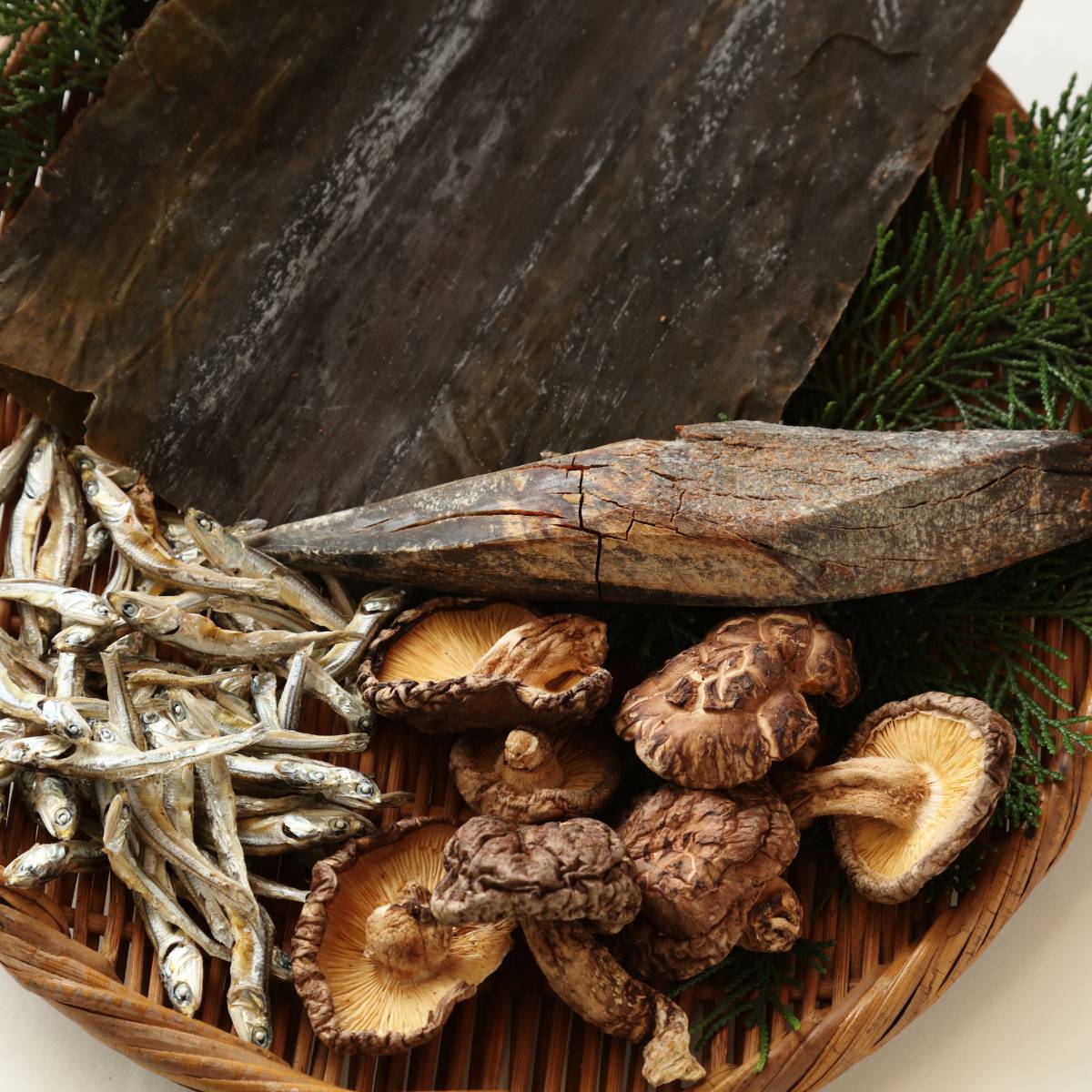 Natural ingredients such as dried anchovies, shiitake mushroom and kelp to create dashi