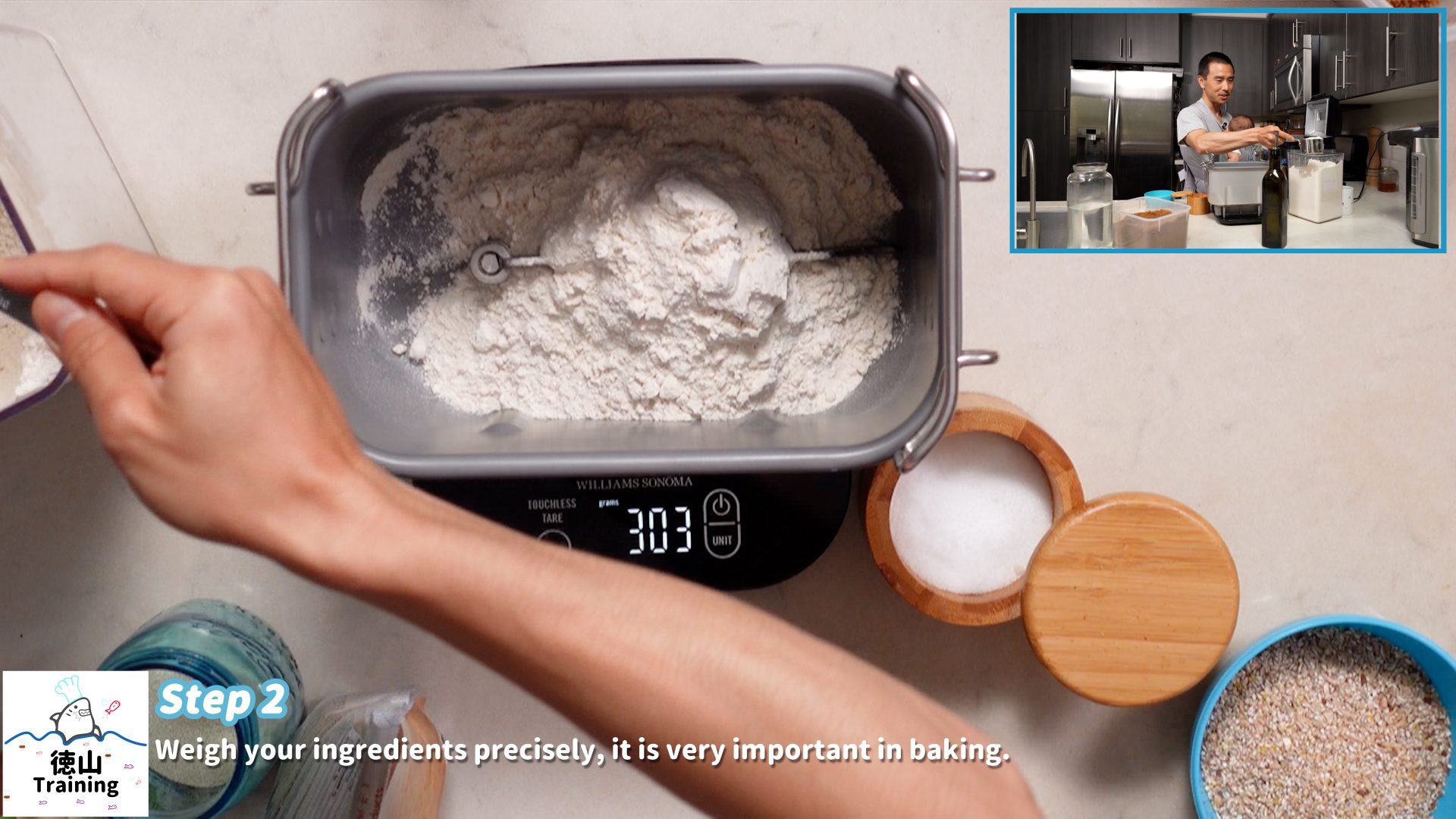 Weighing the flour precisely to make multigrain bread