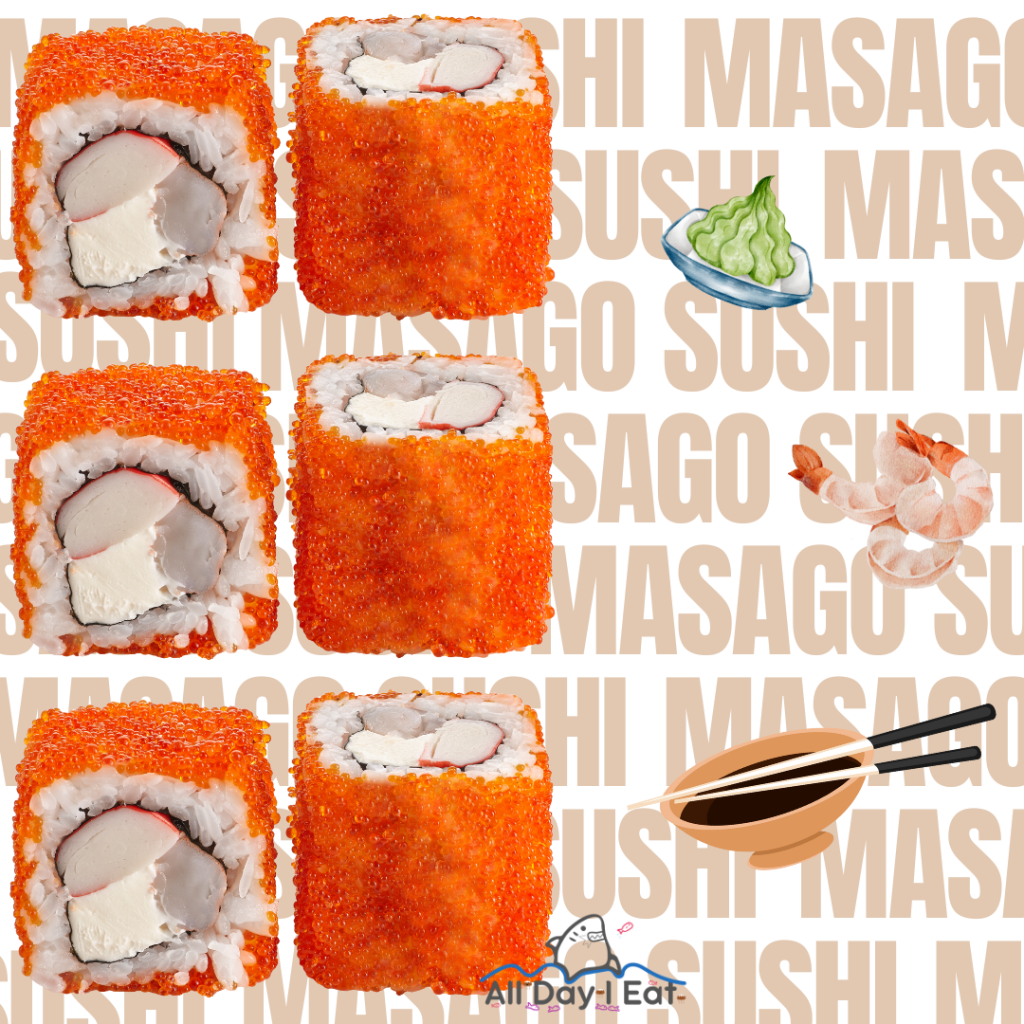 A masago sushi roll is shown on a black background.