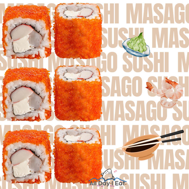 A masago sushi roll is shown on a black background.