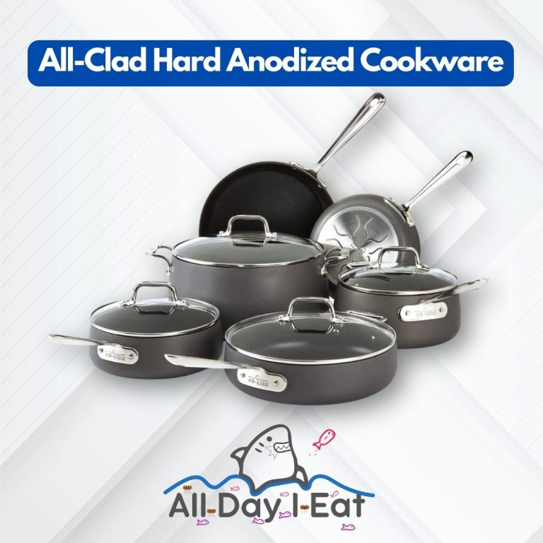 A set of All-Clad Hard Anodized Cookware is displayed on a white background along with the text. (All Clad Hard Anodized Review)