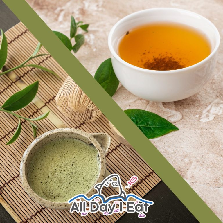 Photos of Hojicha and Matcha teas are laid out on diagonal frames. (Hojicha vs Matcha)