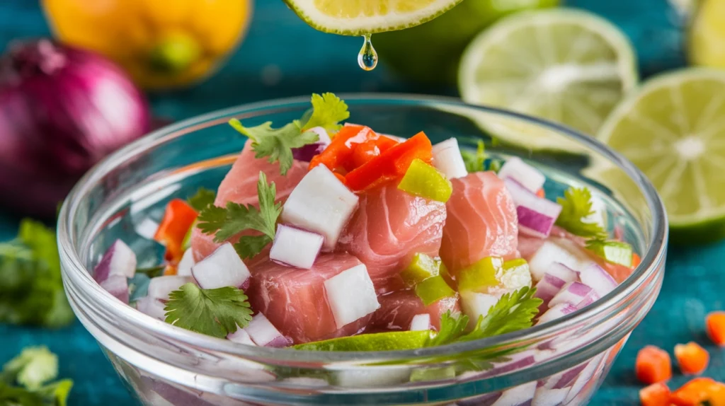 a vibrant close-up photograph capturing the chemical transformation of ceviche in progress. Raw fish cubes visibly whitening at the edges, bathed in fresh lime juice within a glass bowl. Scattered around: diced red onions, cilantro sprigs, colorful bell peppers, and halved limes. A droplet of citrus juice falling from a squeezed lime, demonstrating the acid denaturation process that "cooks" the proteins without heat.