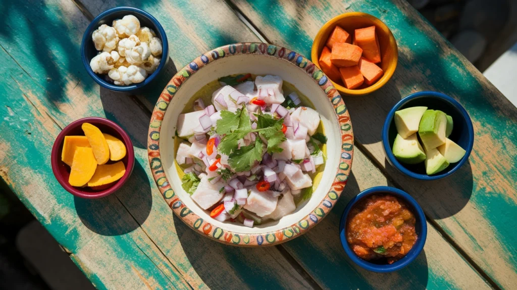 a vibrant overhead shot of freshly prepared ceviche in a handcrafted ceramic bowl, showcasing chunks of lime-cured white fish nestled among diced red onions, cilantro, and colorful chili peppers. Surrounding the main dish, place small bowls containing regional variations: Ecuadorian popcorn, Peruvian sweet potato slices, Mexican avocado chunks, and Chilean tomato sofrito – all on a weathered wooden table dappled with sunlight.