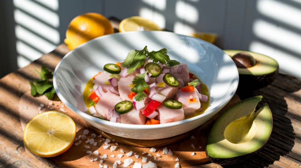 A vibrant ceviche served in a white porcelain bowl, featuring translucent cubes of raw fish "cooked" by lime juice, garnished with diced red onions, jalapeños, cilantro sprigs, and colorful bell peppers. Surrounding the bowl are fresh citrus halves, sea salt crystals, and avocado slices. The dish sits on a rustic wooden table, backlit by natural sunlight streaming through window blinds, creating appetizing shadows across the presentation.