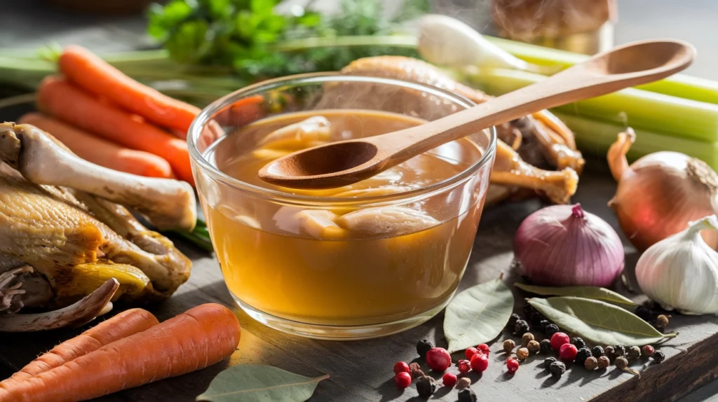 Photo of steaming golden chicken broth in a clear glass pot, surrounded by ingredients: roasted chicken bones, carrots, celery, onions, garlic, fresh herbs, peppercorns, and bay leaves. A wooden spoon rests against the pot's edge. Soft natural light highlights the broth's rich color and the oils glistening on its surface. The composition shows both raw ingredients and the finished product.