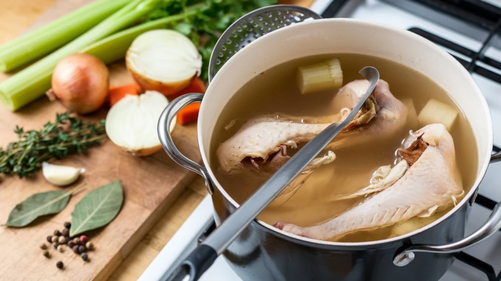 A steaming pot of golden chicken broth simmers on a stovetop, with roasted chicken bones, onion halves, celery stalks, and carrot chunks visible beneath the clear liquid. Nearby, fresh herbs (thyme, parsley, bay leaves) rest on a wooden cutting board beside whole peppercorns and garlic cloves. A skimmer rests against the pot, ready for the next step in this homemade preparation.