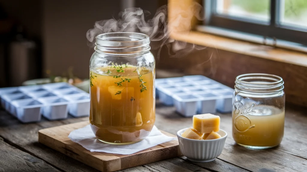 A steaming glass jar of golden chicken broth sits on a rustic wooden counter, the clear liquid capturing window light, revealing suspended herbs and tiny fat droplets on the surface. Nearby, ice cube trays hold portioned broth, while a small bowl features concentrated broth cubes. A refrigerated mason jar shows the characteristic gel-like consistency of properly cooled homemade broth.