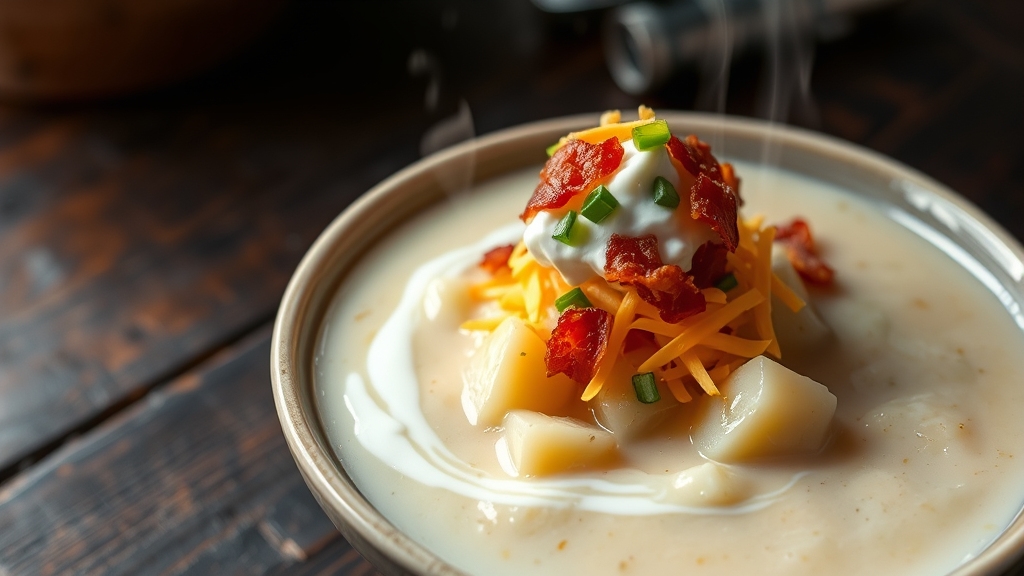 A steaming bowl of creamy potato soup glistens under soft lighting, topped with a generous mound of crispy bacon crumbles, shredded cheddar cheese, and fresh chives. Pearl-white sour cream swirls artfully through the thick, velvety broth. Tender chunks of russet potatoes peek through the surface, while wisps of steam rise against a dark rustic wooden table.