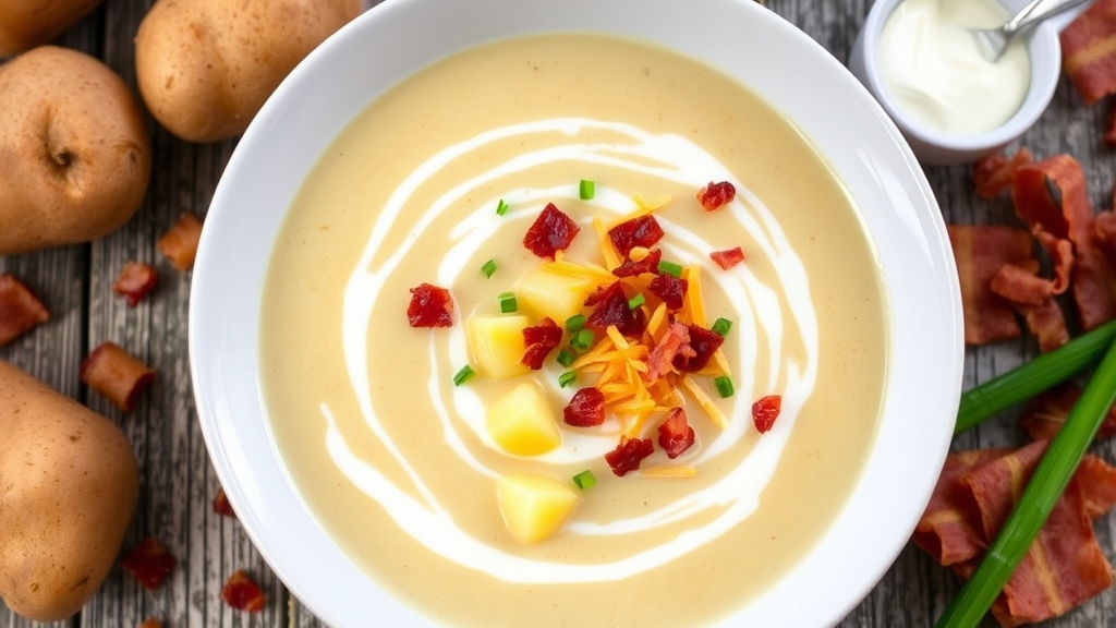 A steaming bowl of creamy potato soup sits on a weathered wooden table, garnished with crispy bacon crumbles, shredded cheddar cheese, and fresh chives. Golden potato chunks peek through the velvety broth, while swirls of sour cream create marbled patterns across the surface. Scattered nearby are whole russet potatoes, bacon strips, green onions, and a small ramekin of heavy cream.