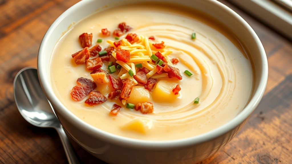 A steaming white ceramic bowl brims with creamy potato soup, its surface adorned with crispy bacon crumbles, shredded cheddar cheese, and fresh chives. Golden-brown potato chunks peek through the velvety broth, while swirls of melted butter create glossy ripples. A silver spoon rests on the rustic wooden table beside the bowl, capturing warm window light.