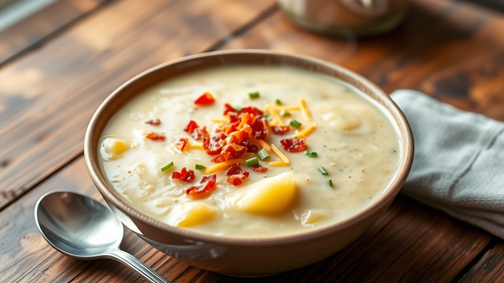 A steaming bowl of creamy potato soup sits centered on a rustic wooden table, garnished with crispy bacon crumbles, freshly snipped chives, and melted cheddar cheese. The thick, velvety broth reveals tender chunks of golden potatoes beneath its surface. A silver spoon rests alongside, partially dipped in the soup, while steam wisps rise in the warm, natural lighting.