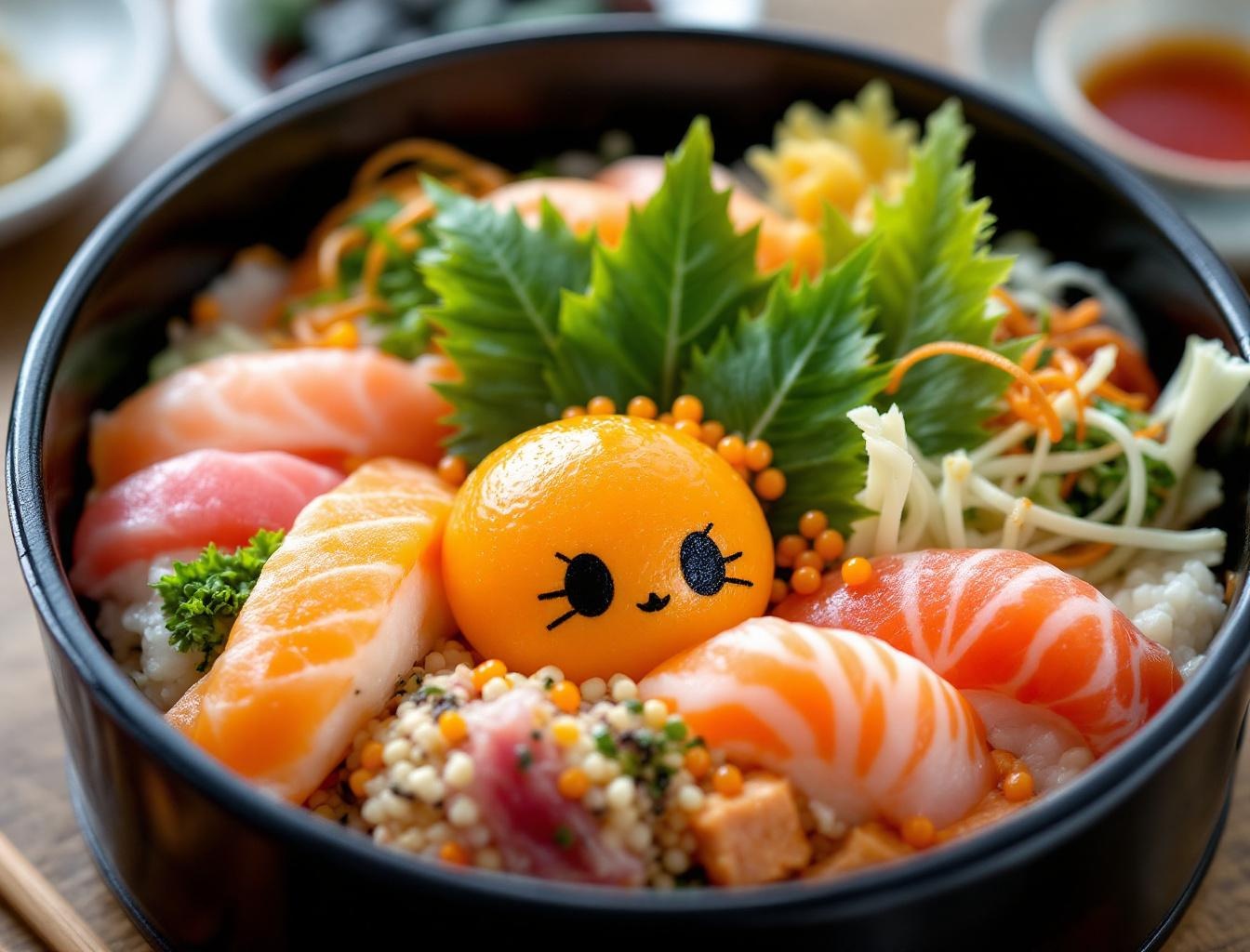 Chirashi-zushi scattered sushi with colorful toppings in lacquer box for Hinamatsuri