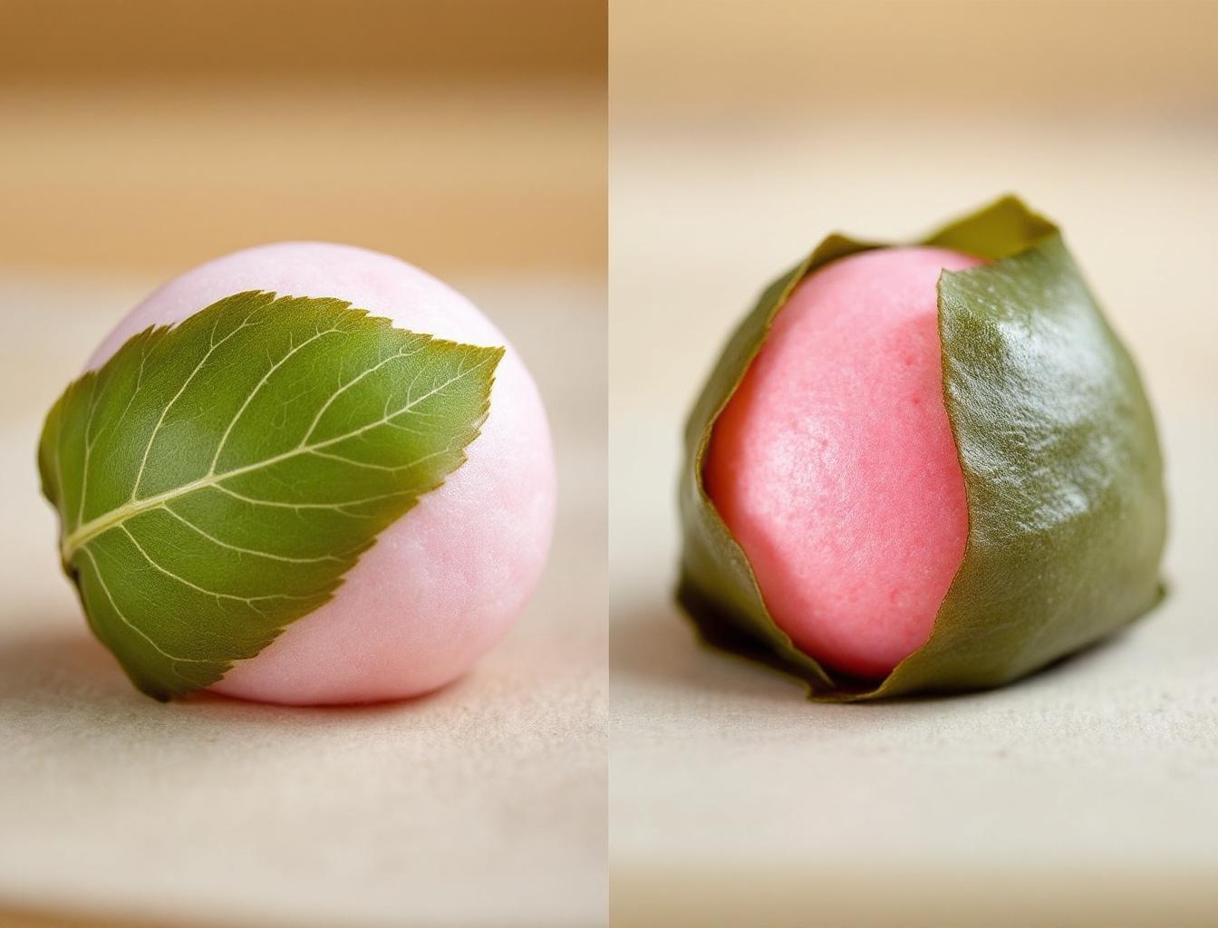 Sakura mochi comparison Chomeiji style Kanto vs Domyoji style Kansai wrapped in cherry leaf