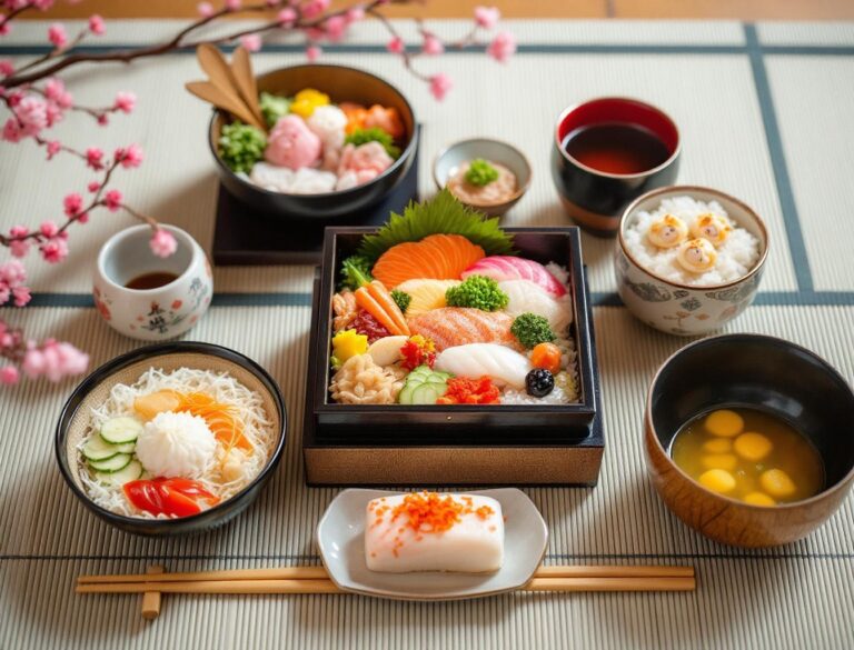 Traditional Hinamatsuri table spread with chirashi-zushi, hamaguri soup, hishi mochi, and hina arare for Japanese Girls Day celebration
