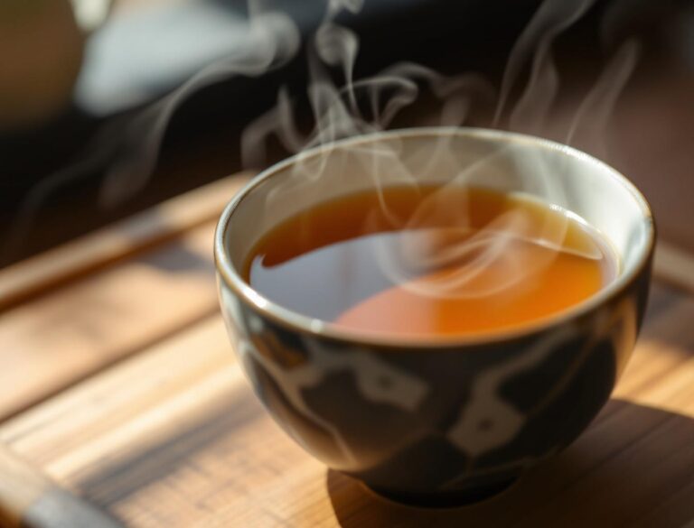 Hojicha roasted green tea in a traditional Japanese ceramic cup with warm amber-brown color