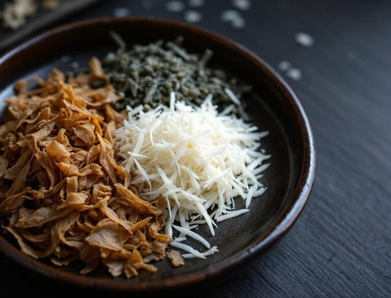 Japanese dashi ingredients katsuobushi bonito flakes and kombu kelp on a dark ceramic plate