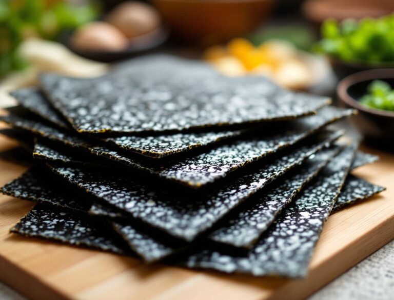 Premium dark Japanese nori seaweed sheets stacked on a wooden cutting board