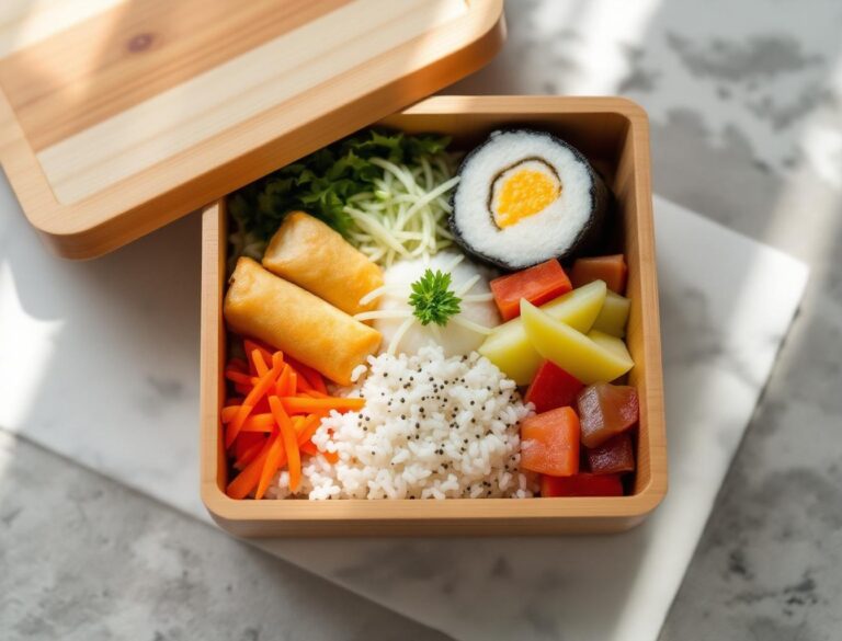 Traditional Japanese magewappa bento box open showing tamagoyaki, onigiri, and pickled vegetables
