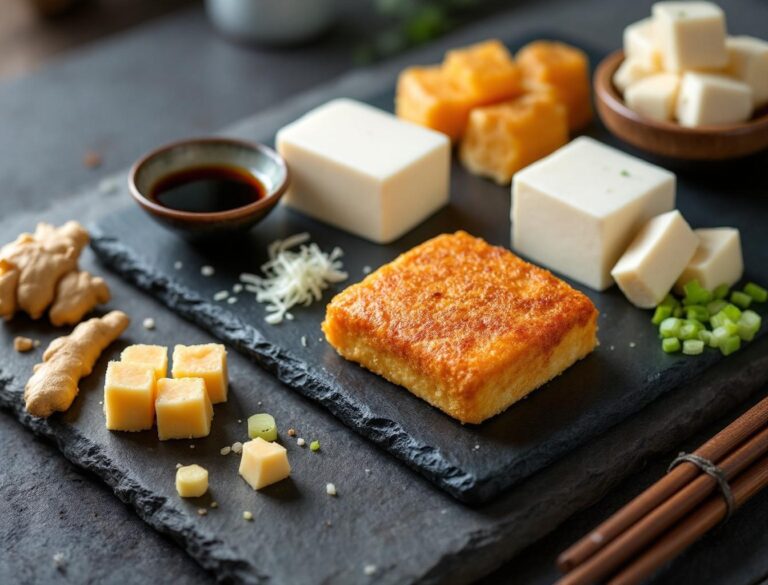 Japanese tofu types including silken kinugoshi, firm momen, atsuage, and aburaage arranged on a slate board