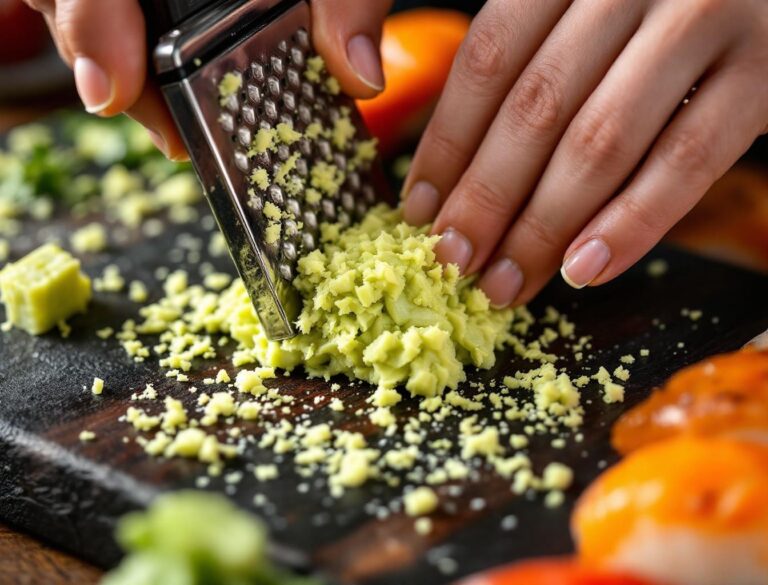 Fresh real wasabi rhizome being grated on a traditional Japanese sharkskin oroshigane grater