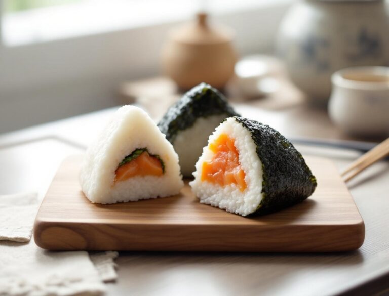 Japanese onigiri rice balls with nori seaweed and traditional fillings on wooden board