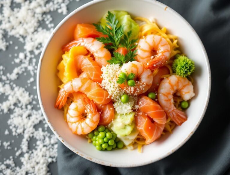 Chirashizushi bowl overhead view with shrimp, salmon, kinshi tamago egg strips, and green peas