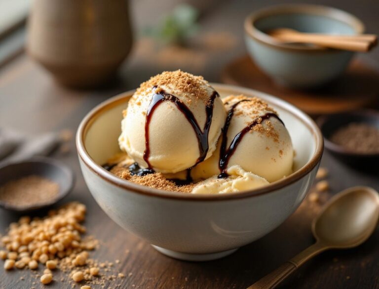 Kinako ice cream with kuromitsu in Japanese ceramic bowl, dusted with roasted soybean flour