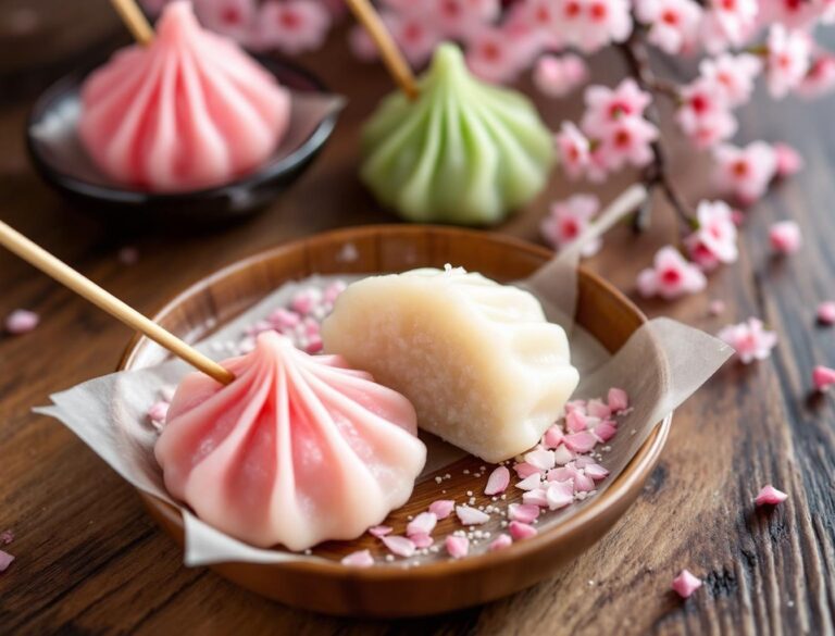 Hanami dango three-color Japanese spring dumplings pink white green on bamboo skewer with cherry blossoms