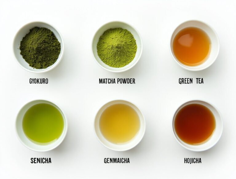 Five Japanese green tea types arranged showing different caffeine levels from gyokuro to hojicha