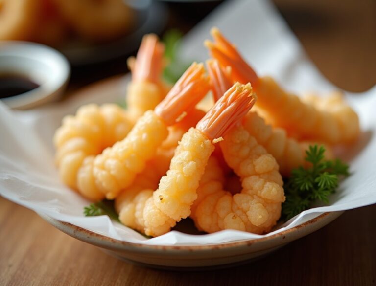 Freshly fried Japanese tempura shrimp and vegetables