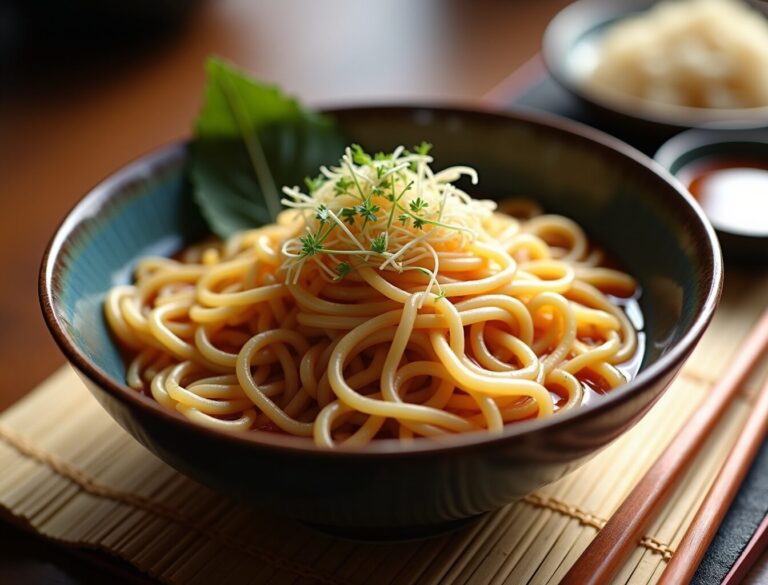 Cold zaru soba on a bamboo mat with dipping sauce