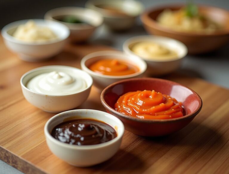 Bowls of different types of miso paste showing white, red, and dark varieties