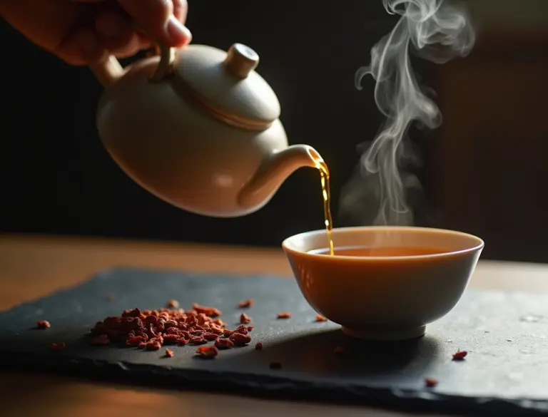 Hojicha tea being poured from a white ceramic kyusu teapot into a yunomi cup, warm amber liquid with steam, dark slate surface