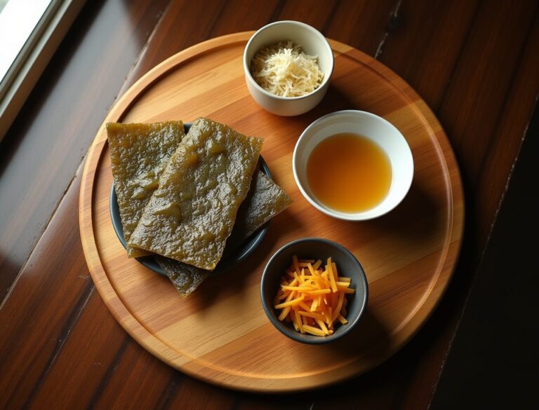 Kombu kelp and katsuobushi bonito flakes with bowl of clear dashi stock on wooden board